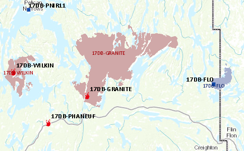 This segment of a Saskatchewan Wildfire Management provincial fire map
