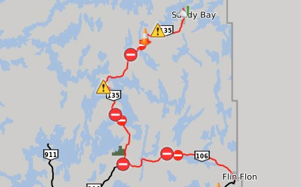 The Saskatchewan Highways Hotline online map showing Highways 106 and 135, as seen on Tuesday.