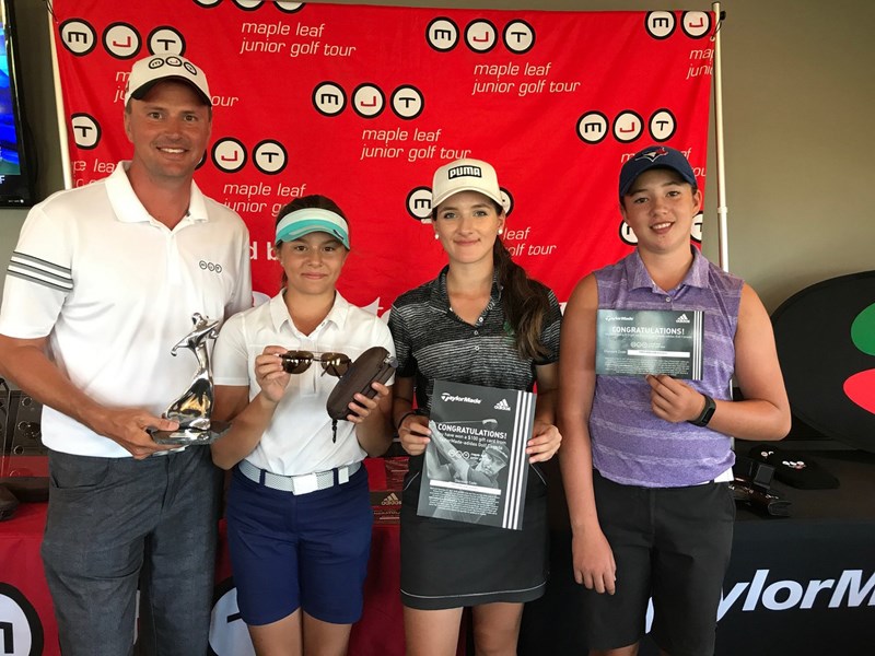 A young Yorkton golfer has been making waves in the Canadian golf world. Eleven-year-old Ella Kozak has seen recent success in a number of golf tournaments. One of those tournaments includes the Alberta Bantam Championships in Claresholm, AB on August 24-25. At that tournament, Kozak finished in 11th place and was one of two 11 year olds. At the Maple Leaf Junior Golf Tour in Saskatoon on August 27-28, Kozak won the MJT Girls U15 title. She shot excellent scores of 82, 86 (168) to take the win. She told tournament reporters that “the highlight for me was breaking 40 for the first time and shooting 82,” and that she was proud of her win. Kozak also competed in the Future Links Prairie Championship at Woodlawn Golf Club in Estevan. The Yorkton golfer placed 10th overall. Pictured here from left to right is Jeff Chambers, Ella Kozak, Sarah Grieve, and Brooklyn Fry.