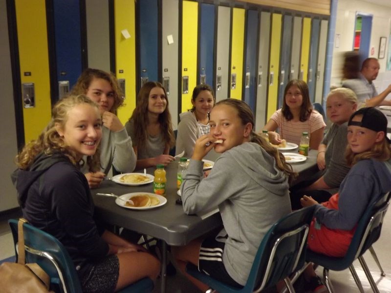 Enjoying the pancake breakfast at KCI last week, from left, were: Kate Erhardt, Samantha Krotenko, Hailey Yaremko, Leah Schwartz, Rylee Zbeetnoff, Tara Taylor, Brooklyn Taylor and Jordyn Thomas.