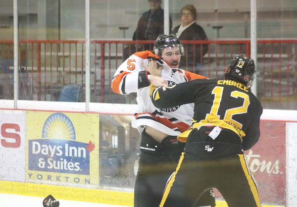 Terriers D-man Alex Bryant and Bruins forward Isaac Embree shed their gloves in the second period.