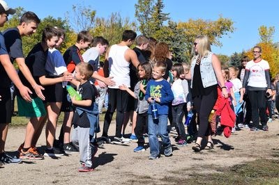 Canora Junior Elementary School (CJES) students received encouragement and plenty of high fives from Canora Composite School (CCS) students before they started the Terry Fox Run on September 28 at the CCS track.