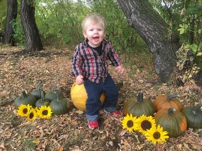 Will Prestie of Preeceville had fun playing with his pumpkins that he helped grow at his home on September 27.