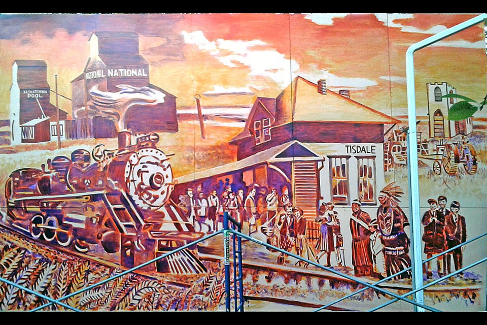 The first 20 feet of an historic mural designed by Michael Gaudet that will go on the north wall of Trombley’s Meats has been finished, but the whole thing is expected to be finished by May or June 2018. Submitted Photo/Michael Gaudet