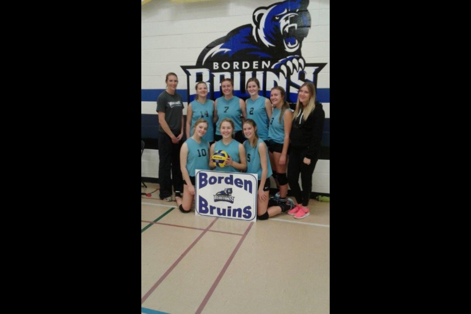 Borden Senior Girls Volleyball winners at Borden Tournament. Back row, left to right, Mrs. Kaufman, Kirsten Szwydky, Rachel Sutherland, Natalie Anderson, Brooke Brazeau, Ms. Dyck, front row, Jade Matte, Danika Pidwerbesky and Savannah Sutherland.