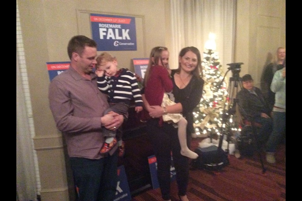 Rosemarie Falk at her victory celebration in Lloydminster on hearing news that she has won the by-election.