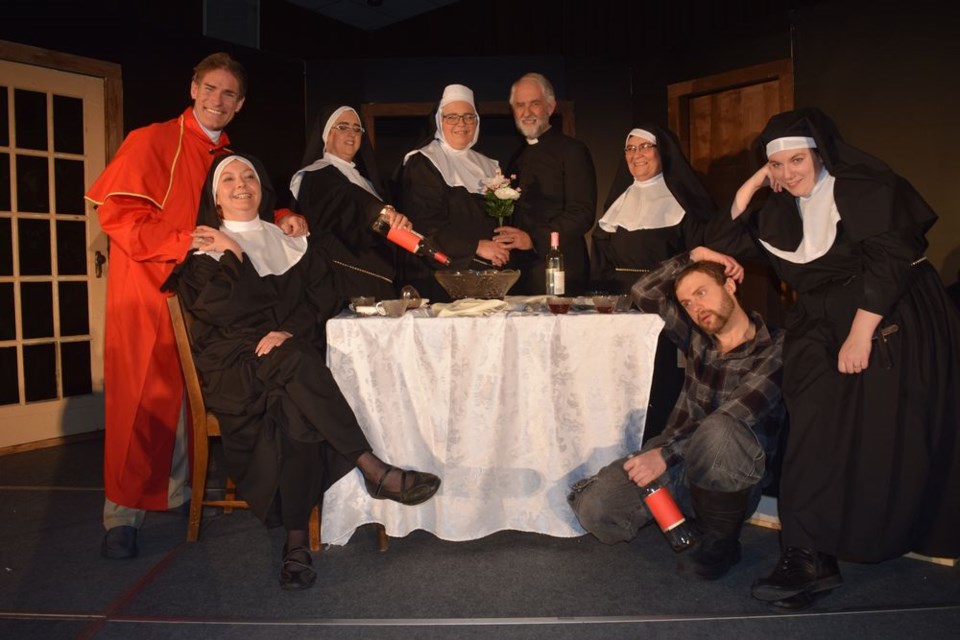 Performing in Drinking Habits, the two-act comedy by Tom Smith that was staged by the Kamsack Players on Friday and Saturday as a dinner theatre in the OCC Hall, from left, were: James Perry as Paul, Beth Dix as Sally; Nicole Larson as Sister Augusta, Ellen Amundsen-Case as Mother Superior, Kevin Sprong as Father Chenille, Zennovia Duch as Sister Philamena, Adrian Hovrisko as George, and Tanya Riabko as Sister Mary Catherine.