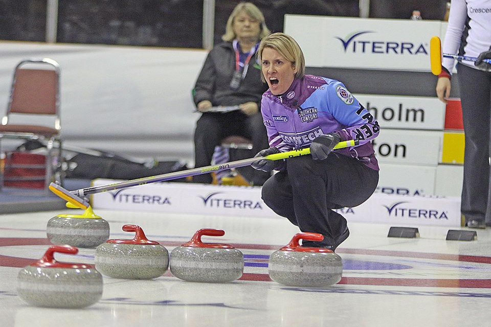 A member of Team Lawton yells as she guides a rock during the Draw 9 game at the 2018 Viterra Scotties Women’s Provincials Jan. 6. Team Silvernagle manged to place first for the round robin portion of the event. Review Photo/Devan C. Tasa