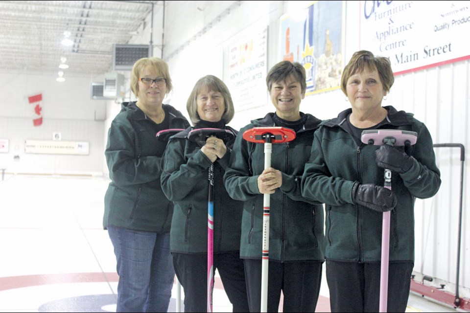 Dianne Burwash’s rink will represent Flin Flon in February’s Golden Gals provincial championships in Dauphin. From left: lead Janice Cassidy, second Pat Meyer, third Donna Hurst and skip Burwash. - PHOTO BY ERIC WESTHAVER