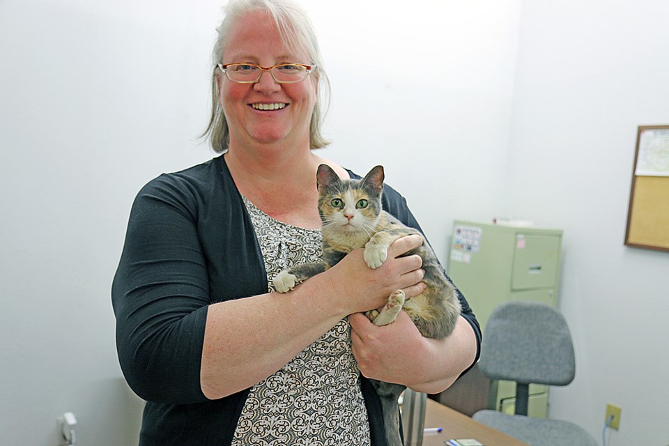 Valerie Durnin, the Review's publisher, holds a cat that slept under her hood and unwillingly took a ride from Humboldt to Tisdale. Review Photo/Devan C. Tasa