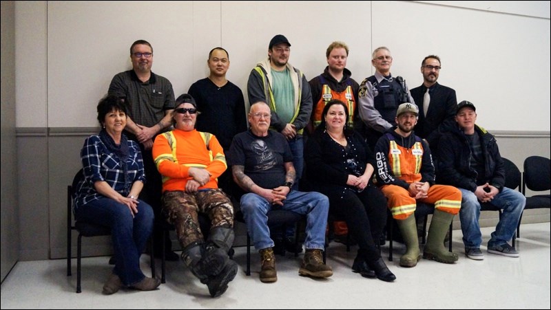 The 2018 City of North Battleford Service Awards recipients are (back row, left to right) Bill Samborski, Haixin Niu, Brad Caron, Brennan Radchenko, Ross MacAngus with Jim Puffalt. Front row, left to right: Alta Hamilton, Ron Moore, Don Bush, Leah Garven, Matthew Funk and Dwayne Braun.