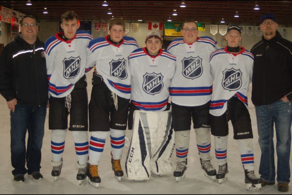 Preeceville bantam coaching staff and players who were selected to play on the bantam white team for the all-stars hockey game held in Preeceville, from left, were: Conrad Peterson, Jacob Danyluk, Maxwell Mydonick, Tyler Palchewich, Shae Peterson, Todd Pankratz and Kirby Pankratz.