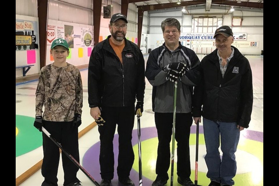 Winning the first event of the Norquay Annual Open Bonspiel was the Kevin Ebert rink. Members of the team, from left, were: TJ Ebert, lead; Kelly Butterfield, second; Kevin Ebert, third, and Richard Johnston, skip.