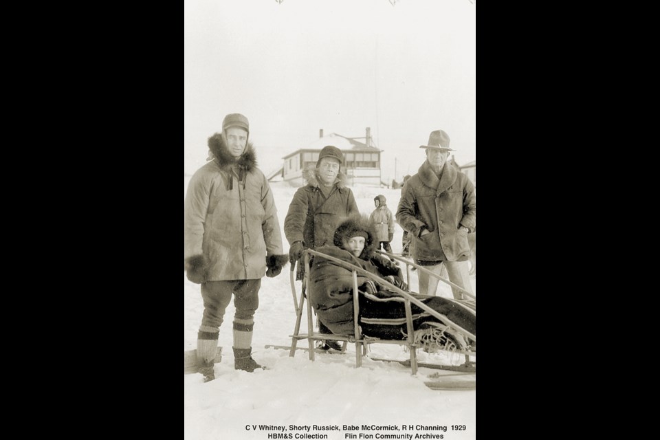 Flin Flonner and award-winning sled dog racer William “Shorty” Russick (centre, standing) with C.V. “Sonny” Whitney, Babe McCormick and R.H. Channing near the HBM&S mine site in 1929. Three years later, Russick would win the bronze medal in the 1932 Winter Olympics in Lake Placid, NY, becoming Flin Flon’s only Olympic medalist to date. - PHOTO COURTESY FLIN FLON HERITAGE PROJECT
