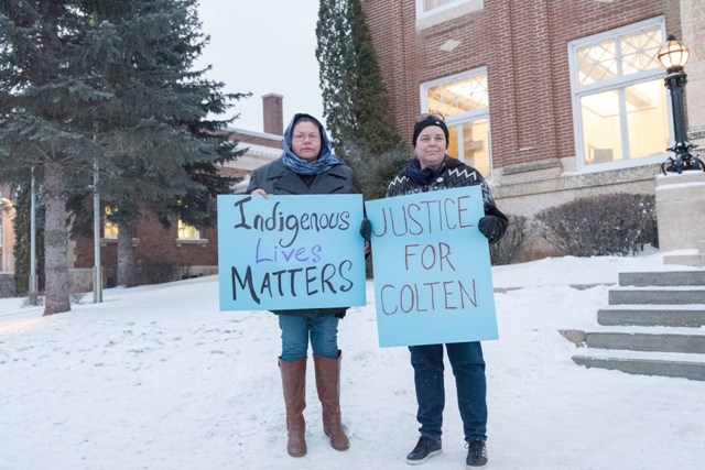 Richelle Dubois and Michelle Stewart from Colonialism No More, Regina, came to the Battleford courthouse on the morning on the seventh day of the Stanley trial to show support for Colten Boushie's family.
