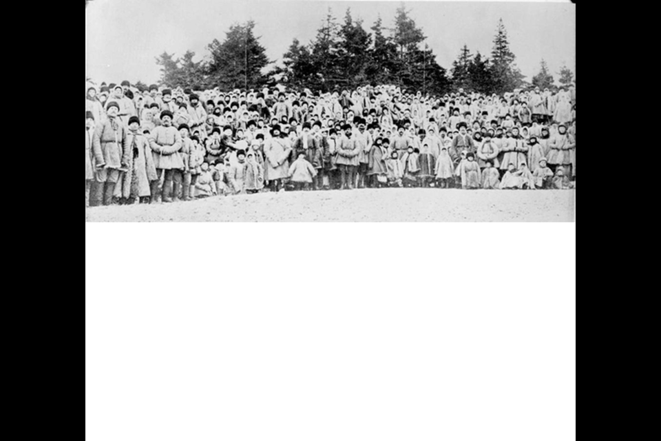 This is a photo of the first shipload of Doukhobor immigrant arrivals in Canada, Halifax, Nova Scotia, 1899. Image courtesy British Columbia Archives.