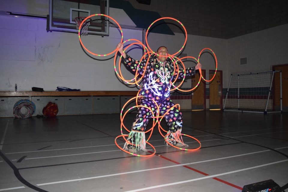 Terrance Littletent of the Kawacatoose Cree Nation performed his famous hoop dances for students at Kamsack and Cote and Keeseekoose First Nations last week as a program provided by the Parkland Regional Library and Carol Marriott, its literacy co-ordinator.