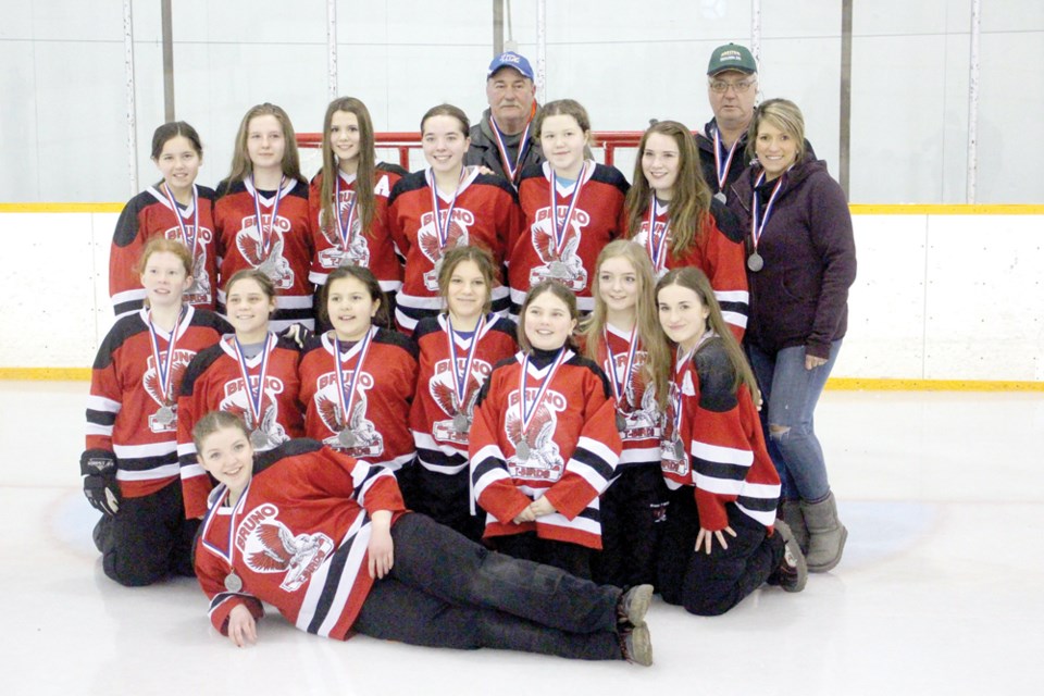 The Bruno T-Birds are provincial silver medalists after losing a nail biter 1-0 to Debden in the provincial final on their home ice on Feb. 25. Team members include: Kennedy White, Tory White, Hailey Huber, Logan Weiman, Jocelyn Demong-Moritz, Kayla Koob, Allyson Tetzlaff, Kayla Saretzky, Madison Bender, Chloe Frank, Paige Shaw, Tianna Blackman, Taylor Medernach, Drew Jacobson, Olivia Jacobson, Cassidy Bodnarchuk, Coach John Huber, Coach Gerald Koob, and Coach Lisa Weiman. photo by Christopher Lee