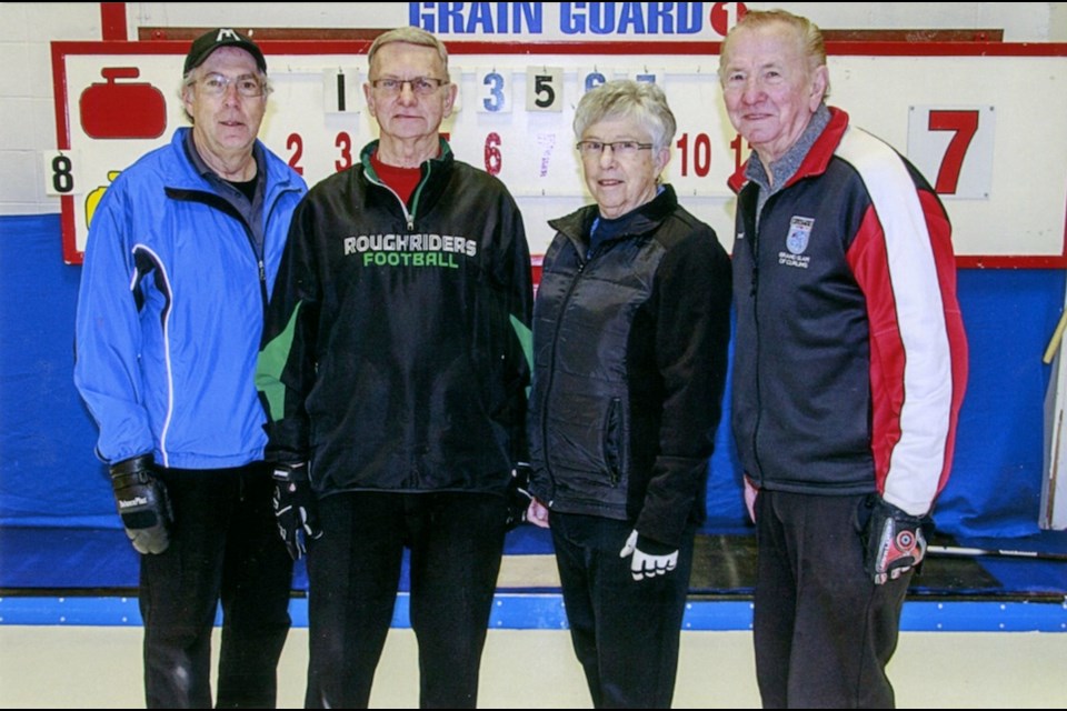 First event winner Lorne Fruin (skip), Frank Woloschuk (third), Myra Grunert (second), and Matt Novak (lead).