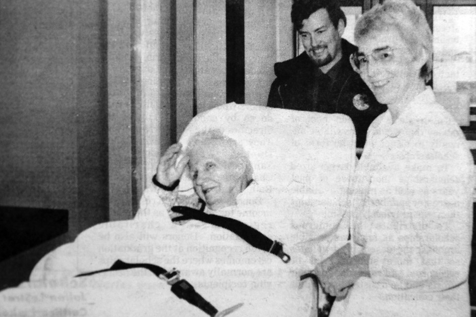 Mrs. Mary Ukrainetz became the first resident of Newmarket Manor, Tisdale’s new special care facility, on March 1, 1988. She is seen here with Peggy Scutchings, Director of Care at Newmarket Manor, and Stacey Smith, attendant with Tisdale Ambulance Service.