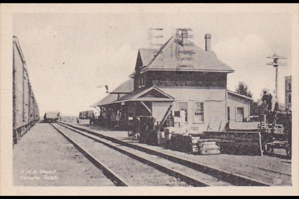 This was the Canadian Northern Railway station on Railway Avenue, circa 1912. The loading platform where the Doukhobor Trading Company received freight merchandise was located at the back (north) of the station. Image courtesy Prairie Towns.