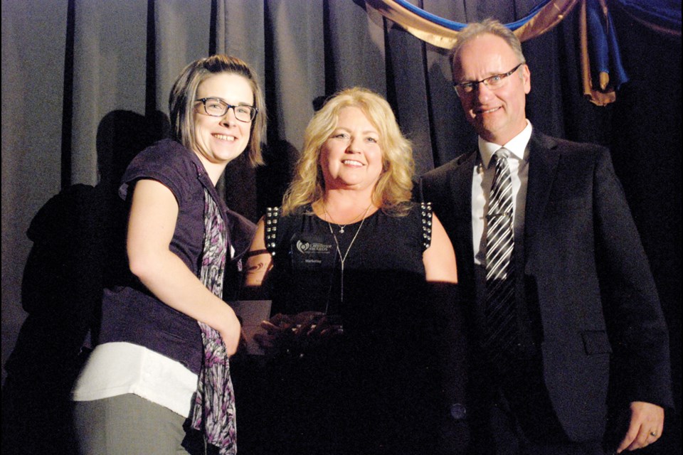 Owners, Cheryl and Dan Torwalt (centre and right), receives the Marketing award on behalf of Century 21 Diamond Realty at the Mark of Excellence award ceremony on March 7. “It means a lot to us because it covers everything from what we do in marketing to put our name out there so people are aware of the services that we offer to our marketing of the people’s properties we try to sell and the service we provide,” said Dan regarding receiving the award. Pictured: Shaunna Galacz, representing award sponsor CJVR/CK750, presents the award to Cheryl and Dan.