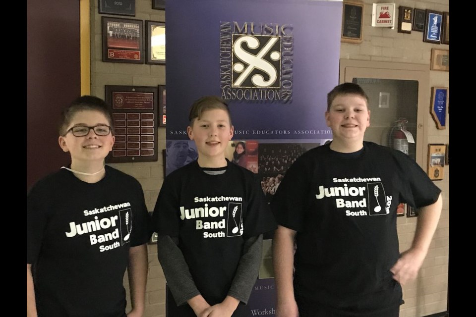 From left, the three KCI students in the 鶹Ƶ Saskatchewan Junior Honours Band were: Zachary Burback, Josh Hilton, and Brandt Bloudoff.