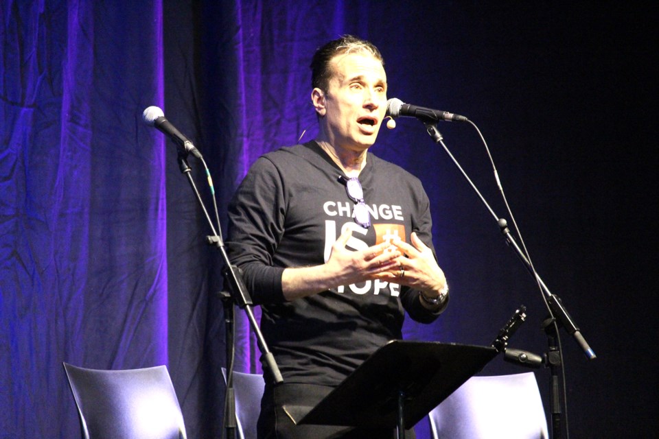 Michael Landsberg spoke to the crowd during the #SickNotWeak mental health awareness event at the Civic Centre Thursday evening. Photo by Lucas Punkari