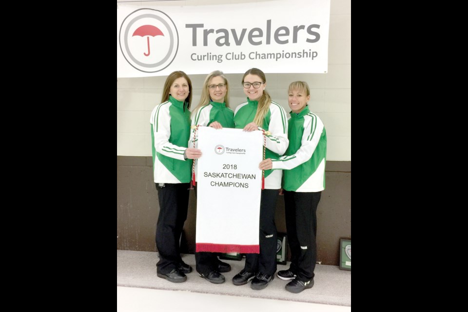 Moose Jaw’s Team Osmachenko are provincial champions after capturing the Travelers title in Humboldt on March 19. Pictured (L to R): Elaine Osmachenko, Candace Newkirk, Malysha Johnstone, and Sheri Logan. photo by Christopher Lee