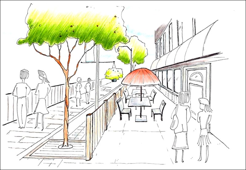 An image from the Downtown Revitalization Plan showing an artist’s rendering of a patio along 101st Street. According to the Plan, 101st Street should have sidewalks which are four metres wide, while Main Street (100th Street) should have sidewalks which are 2.9 metres wide. Larger sidewalks are to encourage more pedestrian activity, especially as the city tries to attract new businesses to the street.