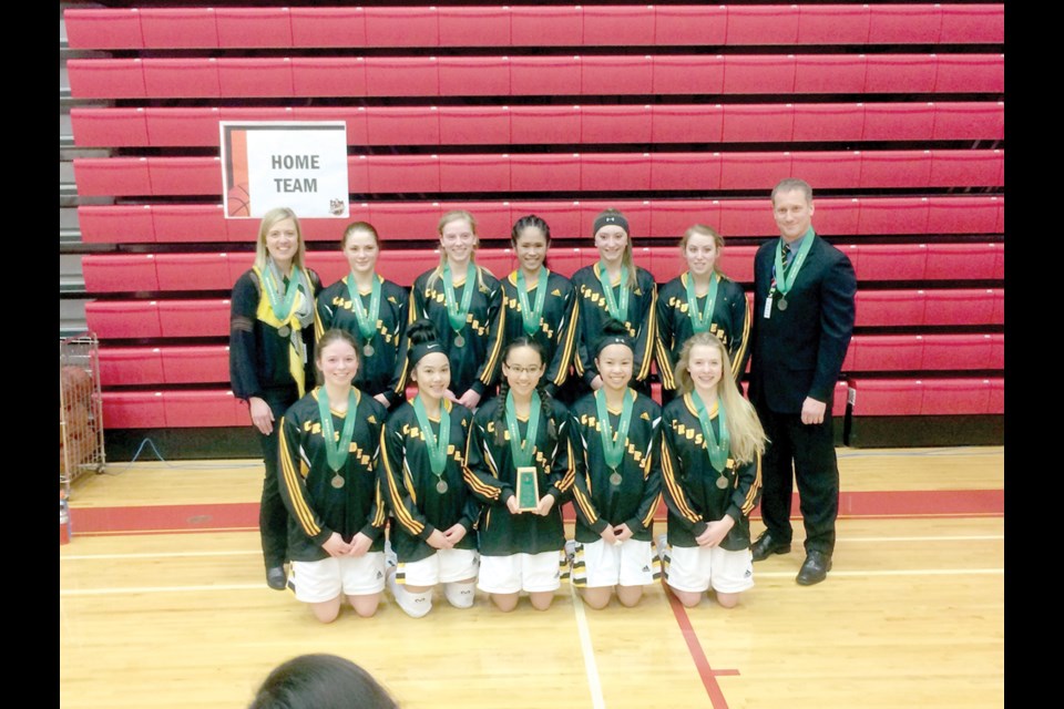 St. Brieux Crusaders senior girls basketball - Provincial bronze. Pictured (L to R) Back Row: Assistant Coach Michelle Daubenfeld, Ashley Dressler, Paige Daubenfeld, Jonalen Redita, Taylor Eisner, Kaileigh Thorlakson, and Coach Mike Warnecke. Front Row: Makenzie Kovacs, Jade Derla, Emilie Ferré, Wendy Ruiz, and Claire Daubenfeld. photo courtesy Sheila Gregoire