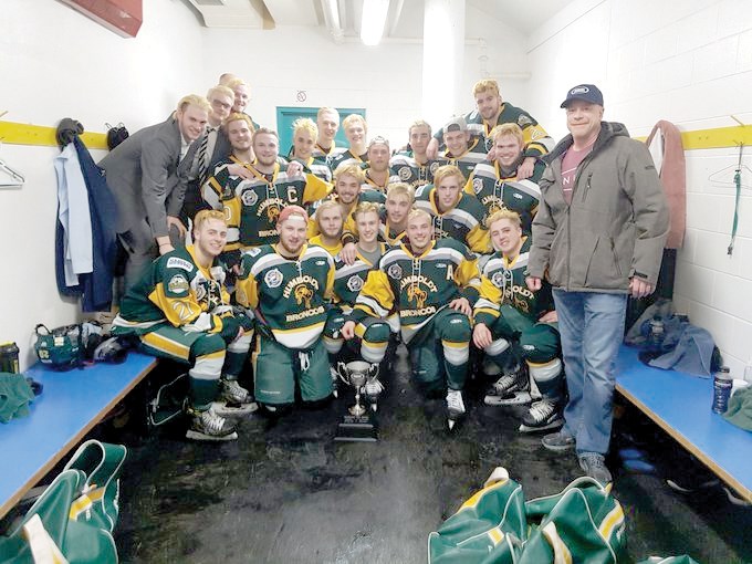 The Humboldt Broncos are Bourgault Cup champions. The green and gold wrapped up the championship with a 3-0 game five win over the Melfort Mustangs on March 24 in Melfort. The boys from Humboldt wrapped up their SJHL quarterfinal series with a 4-1 series win over the Mustangs, sending the green and gold into the semi-finals where they will take on Nipawin. Back Row (L to R): Matthieu Gomercic, Graysen Cameron, Tyler Smith, Jaxon Joseph, Morgan Gobeil, Stephen Wack, Logan Hunter, Bryce Fiske, Adam Herold, Jacob Wassermann, and Layne Matechuk. Middle Row: Logan Schatz, Logan Boulet, Brayden Camrud, Xavier Labelle, and Parker Tobin. Front Row: Nick Shumlanski, Derek Patter, Conner Lukan, Jacob Leicht, Kaleb Dahlgren, Evan Thomas, and Bourgault territory manager Curtis Hinrichsen. Photo courtesy of Humboldt Broncos Twitter