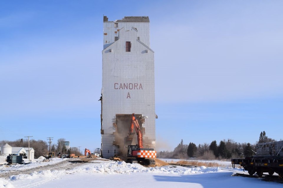 Prior to the demolition of Canora’s old Pool elevator on March 27, workers weakened the southwest portion of the building so it could be pushed down from the northeast corner.