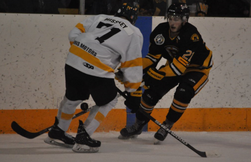 The Bruins' Michael McChesney tries to chip the puck past Nipawin's Gage Misskey Saturday at the Centennial Arena.
