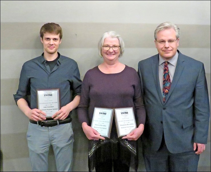 Reporter Josh Greschner, editor Becky Doig and reporter John Cairns with awards received at the Saskatchewan Weekly Newspapers awards banquet April 28. Photo by Helena Long