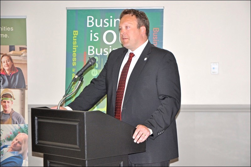Mayor Ryan Bater of North Battleford and Mayor Ames Leslie of Battleford provide the state of the City/ Town address at Western Development Museum in North Battleford, hosted by the Battlefords Chamber of Commerce.