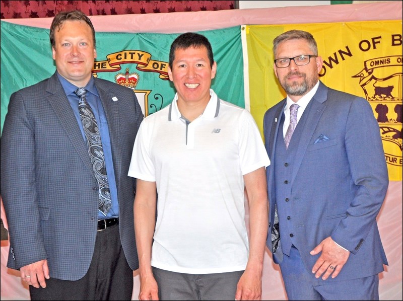Tarrant Cross Child was the guest speaker at the Mayors’ Prayer Breakfast in North Battleford Saturday. Mayor Ryan Bater of North Battleford and Mayor Ames Leslie of Battleford were both on hand. Photos by John Cairns