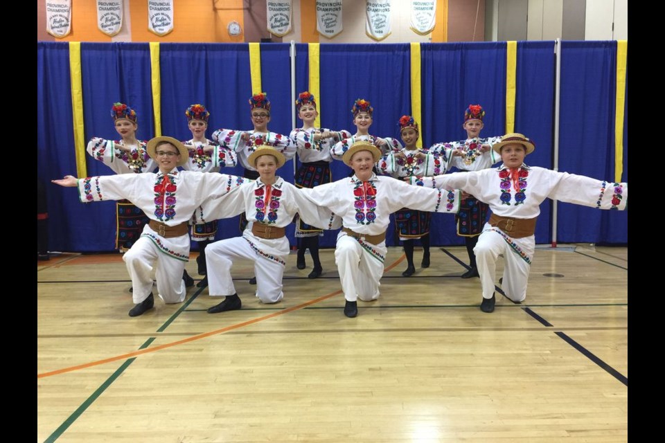The Canora Veselka Ukrainian Dance Club competed at the Kalyna Dance Festival in Yorkton, held May 3 to 6. Members of the Intermediate 1 group in their Bukovynian costumes, from left, are: (back row) Sofia Tratch, Alaina Roebuck, Ava Love, Jenna Korol, Jayden Burym, Methyl Trask and Makayla Heshka; and (front) Jack Craig, Tyson Korol, Noah Prychak, and Matthew Makowsky