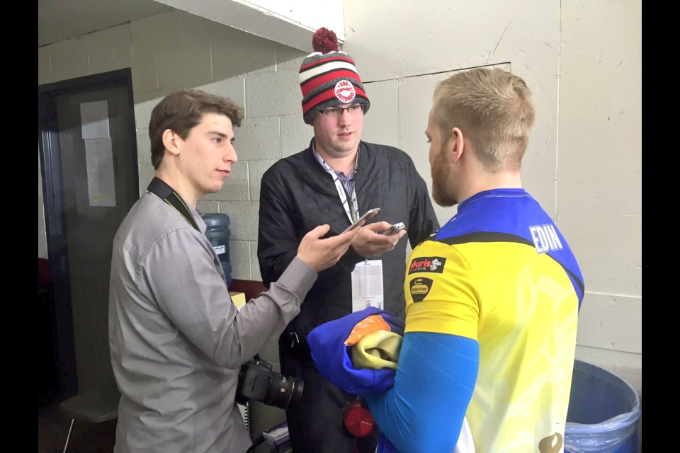Naturally, I donned my Soo Greyhounds attire while teaming up with Nathan Kanter to interview Sweden’s Niklas Edin during the Pinty’s Grand Slam of Curling’s Meridian Canadian Open event at the Civic Centre in January 2017. Photo courtesy of Nathan Liewicki