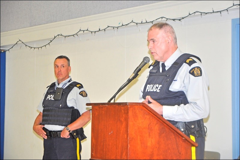RCMP S. Sgt. Greg Abbott and S. Sgt. Darcy Woolfitt in attended the latest RCMP town hall, held at Alex Dillabough Centre in Battleford. Photos by John Cairns