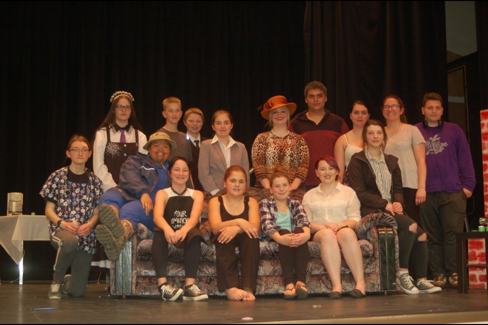 Members of the Sturgis Composite School drama production of Murder's in the Heir on June 7 from left, were: (back row) Eden Antoniuk, Joey Federuik, Tate Bayer, Alyssa Stittle, Kaeleigh Folk, Tyler Antoniuk, Jamie Messenger, Meghan Hurlburt (director) and Kurtis Gerbrandt (stage crew), and (front) Rayanne Westermann, Eloisa Vicente, Alecia Shuba, Peyton Fullawka, Bailey Kozmeniuk, Hannah Gerbrandt and Peyton Secundiak. Unavailable for the photograph was Zanthany Olson (lighting)