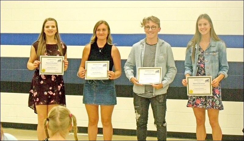 Borden School students with highest averages in Grade 9 to 12 are Kirsten Szwydky, Brooke Brazeau, Caleb Warren and Savannah Sutherland. These four students also won other awards