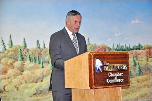 Justice Minister Don Morgan was the guest speaker on the implications of the federal carbon tax at a breakfast meeting at the Battlefords Chamber of Commerce Thursday morning. Morgan was brought in at the last minute after environment minister Dustin Duncan pulled out to attend a funeral. Photos by John Cairns.