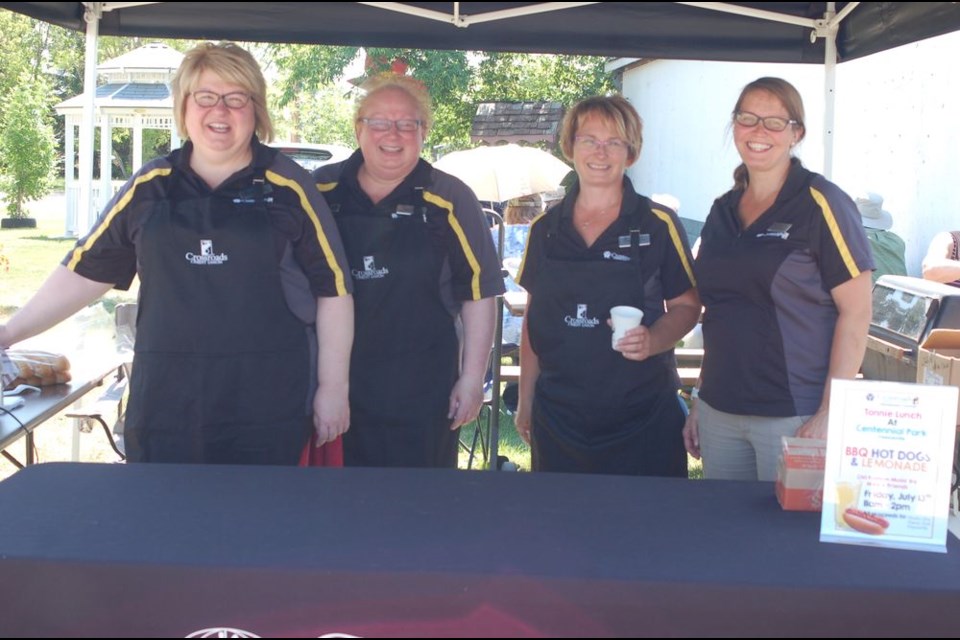 Some of the Crossroads Credit Union staff who served hotdogs and lemonade at the Preeceville Centennial Park, from left, were: Marcia Yaholnitsky, Barb Leason, Doreen Bochniuk and Emma Owen.
