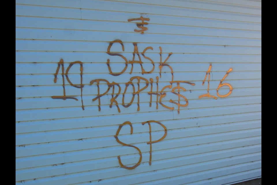 The Legion Hall in Outlook was a big target for the vandal(s), spray-painting 'Sask Prophets 1916'.