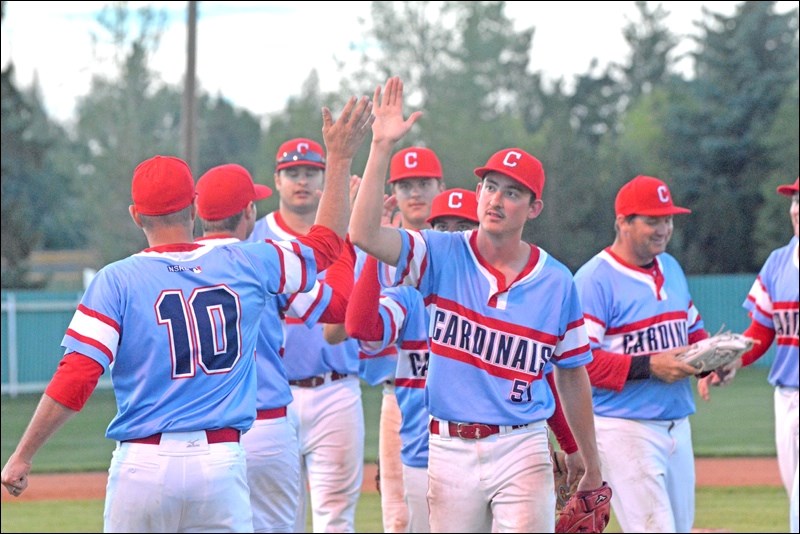 Cardinals players high five after beating the North Battleford Beavers 15-4 in NSRBL playoffs. The Cardinals are moving onto the next round against the Border City Blue Jays, while the Beavers have been eliminated from contention. Provincials are next on the Beavers' agenda, which take place in mid-August. Photos by Josh Greschner