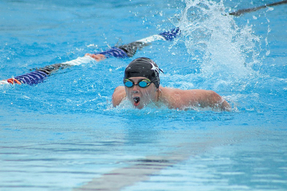 Humboldt Hammerhead Gabriel Babagonio comes up for air during his butterfly race earlier this year.