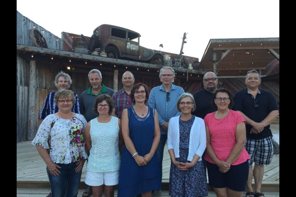 Members of the Preeceville High School 1978 class who celebrated their 40th school reunion, from left, were: (back row) Morley Ignatiuk, Bill Gerla, Tim Formo, Sam Swan, Ben Babchishin, and Duane Formo and, (front) Sharon (Tulik) Thompson, Karen (Heinrich) Maupin, Kelly (Strykowski) Tavson, Michelle Kut and Susan Long