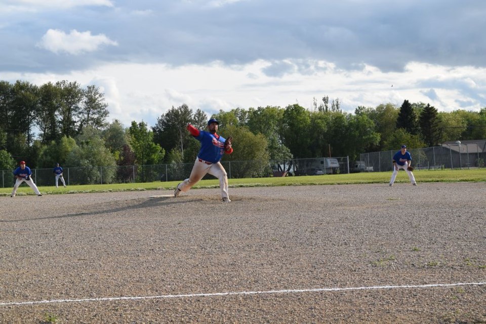 Kholton Shewchuk was the starting pitcher for the Supers in game two of the semi-final series versus the Langenburg Legends in Canora on July 20.