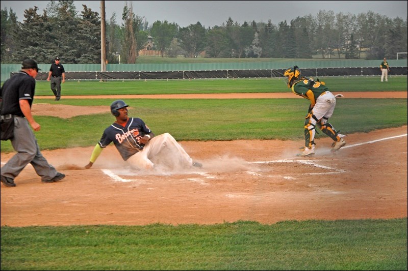 North Battleford Beavers hosted the Senior AA Tier 3 provincials on the weekend. These photos are from round-robin games against Rosetown on Friday and Cabri on Saturday. Kyle Palmer is seen here coming home to score a run Saturday against the River Rats. Photos by John Cairns
